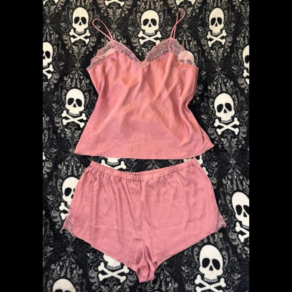 Victoria’s Secret Pink Satin Lace Cami Set XL | 2 Piece Pajama Lingerie Set
